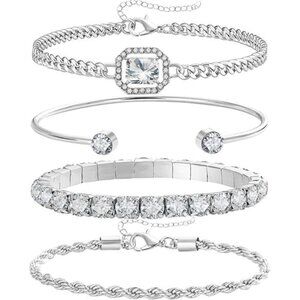 Womens Bracelet Set 4 Pcs Gold Silver Adjustable Layering Chain Cubic Zirconia